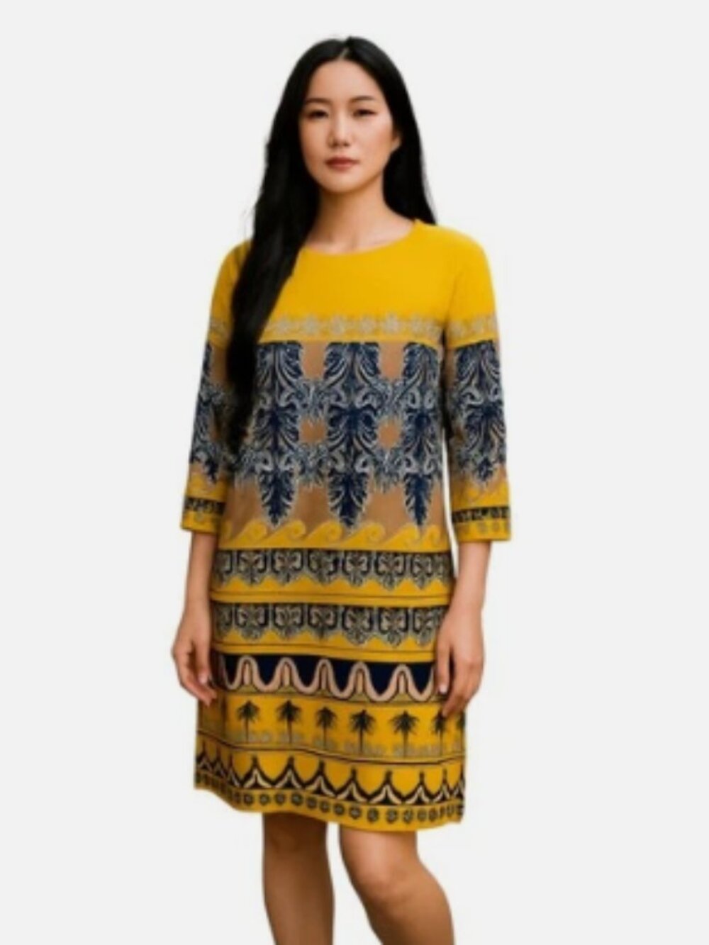 J.Crew Jules Size 4 Scroll Print Dress Gold* Navy Taupe White Lined 3/4 Sleeve